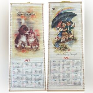 Vintage 1987-1988 Bamboo Scroll Calendar Wood 2 Sided Love Puppy Kitty Umbrella